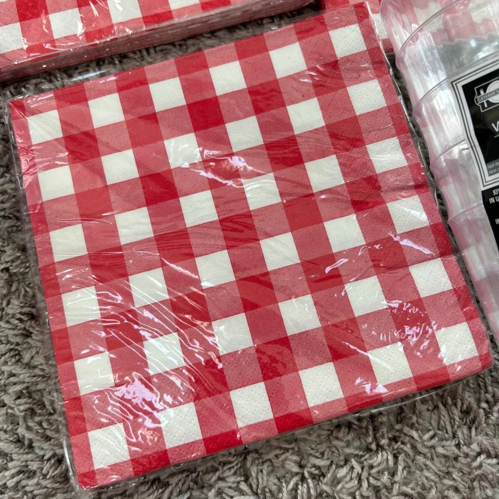 Red Gingham Picnic Party Supplies Napkins Tumblers Water Glasses Set 5 Packs NEW